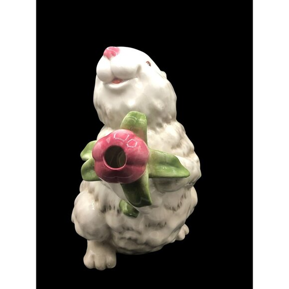 Magenta Rabbit-Shaped Ceramic Pitcher Holding Pink Tulip Vase Has Attitude - Picture 6 of 10